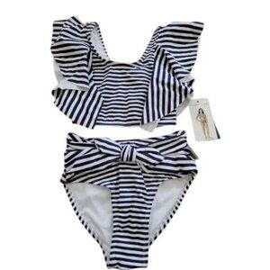 Girls Striped Ruffle Two-Piece Swimsuit By Habitual Size 10 Blue & White $52 NWT
